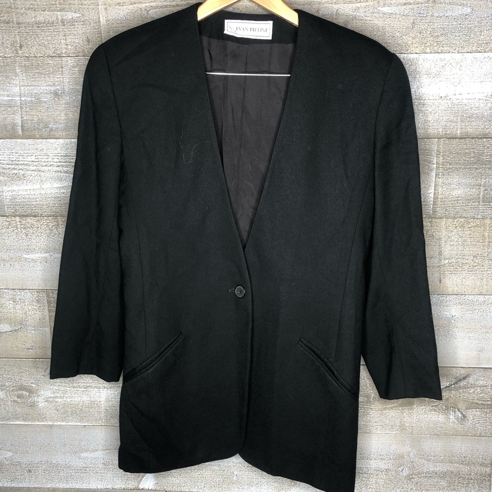 Evan Picone 100% worsted wool black button up blazer jacket size 10